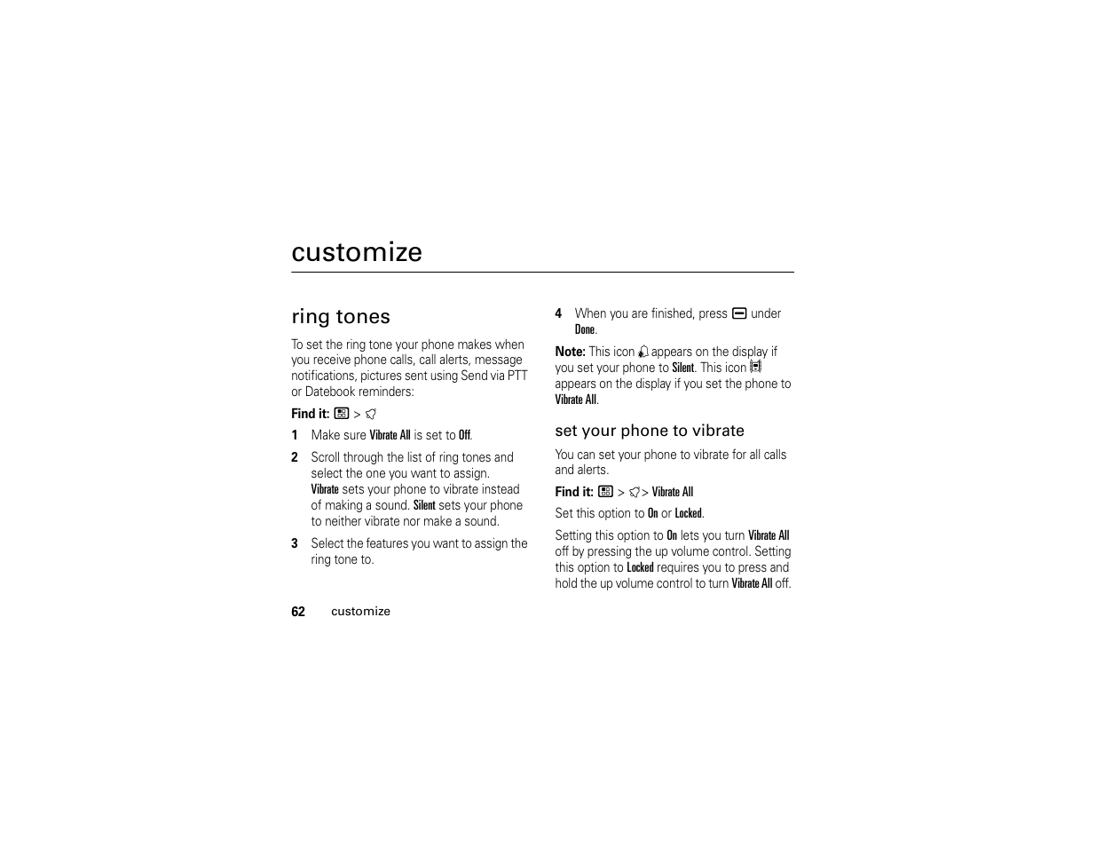 Customize, Ring tones | Motorola I296 User Manual | Page 66 / 92