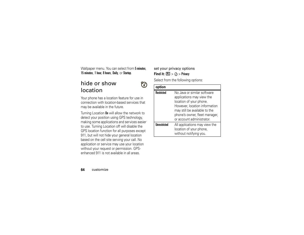 Hide or show location, Hide or show location . 64 | Motorola I296 User Manual | Page 68 / 92