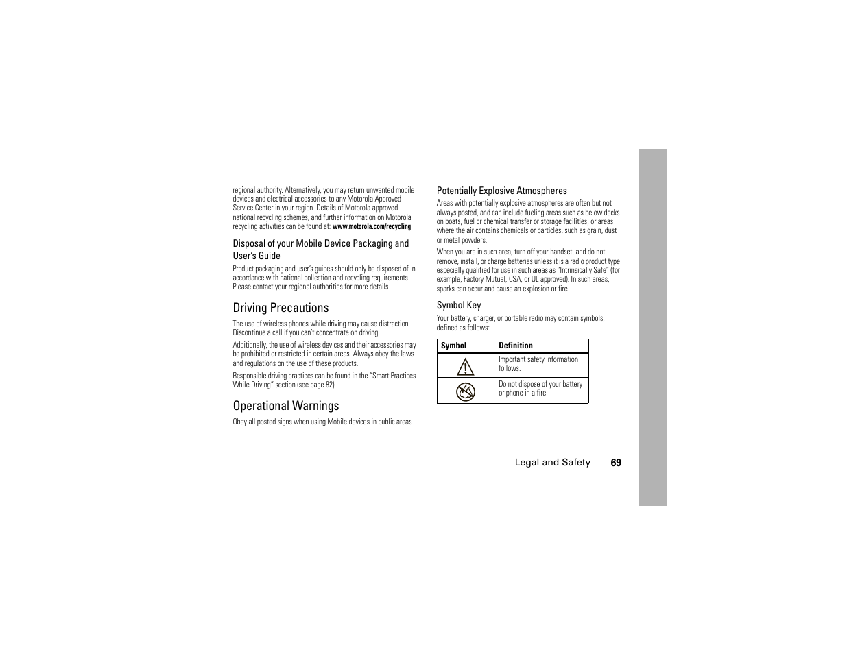 Driving precautions, Operational warnings, Driving precautions operational warnings . 69 | Motorola I296 User Manual | Page 73 / 92