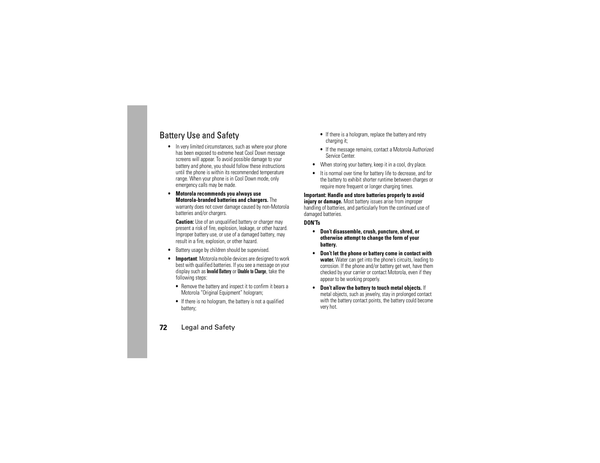 Battery use and safety, Battery use and safety 72 | Motorola I296 User Manual | Page 76 / 92