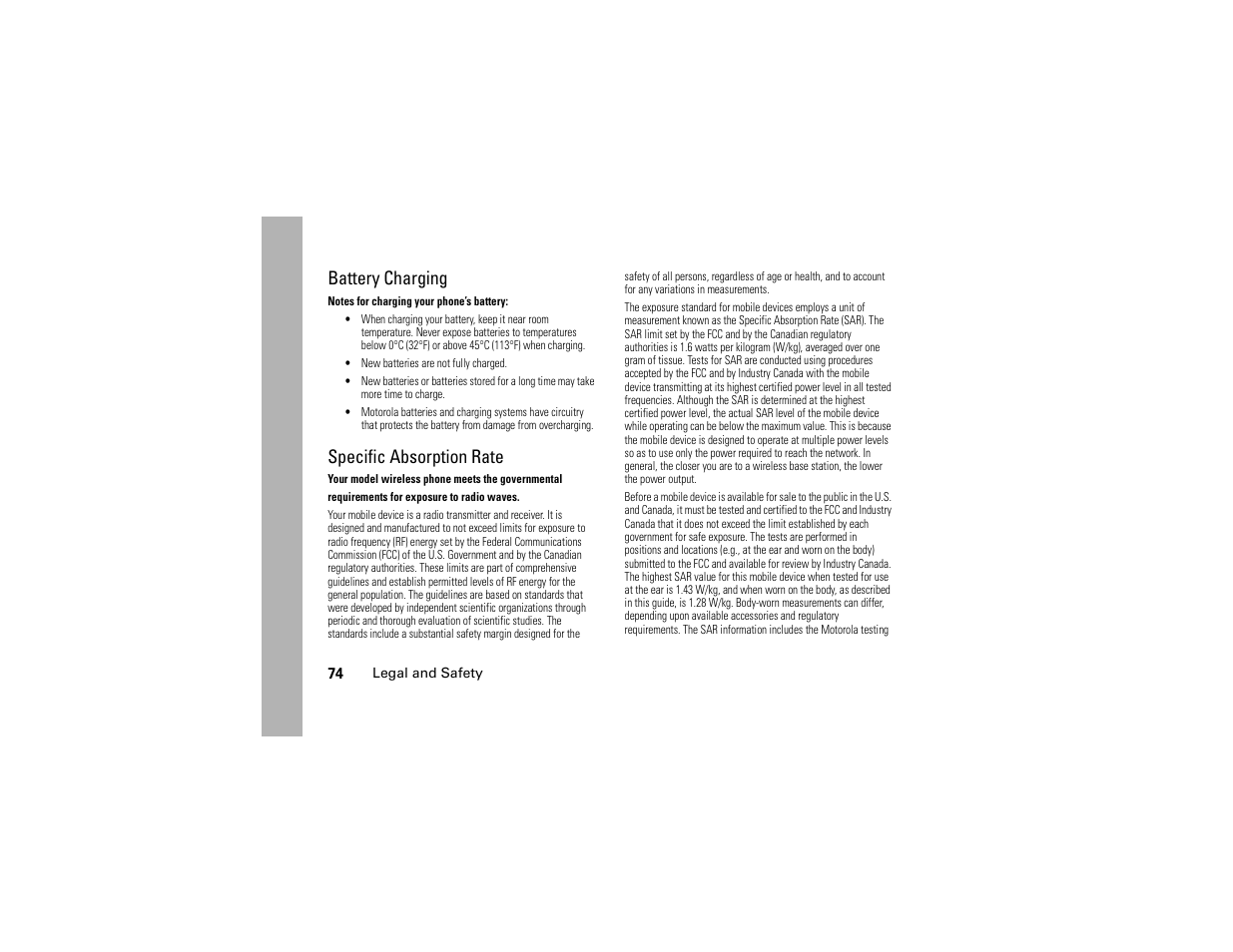 Battery charging, Specific absorption rate, Battery charging specific absorption rate | Motorola I296 User Manual | Page 78 / 92