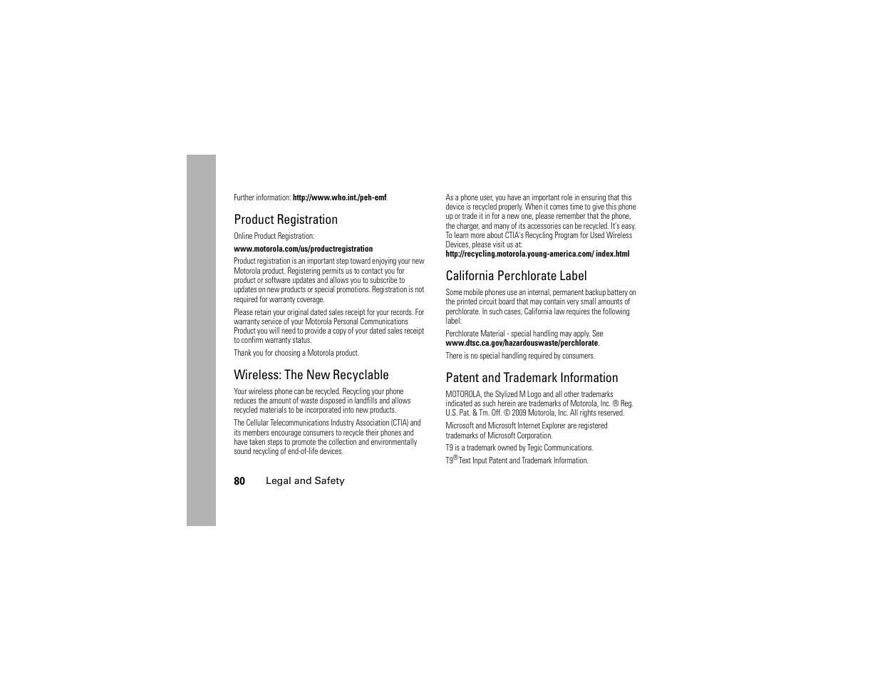 Product registration, Wireless: the new recyclable, California perchlorate label | Patent and trademark information | Motorola I296 User Manual | Page 84 / 92