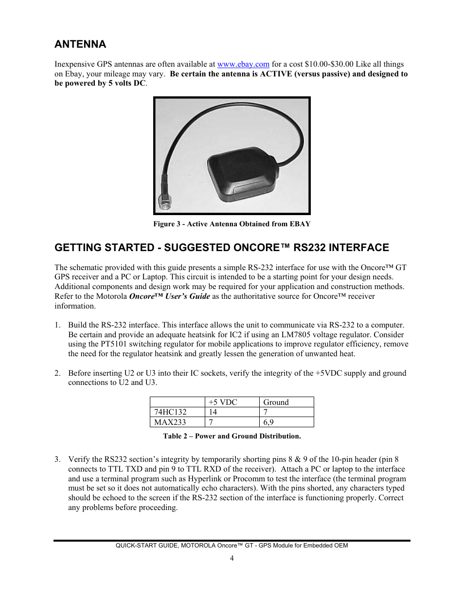 Antenna, Getting started - suggested oncore™ rs232 interfa | Motorola Oncore GT User Manual | Page 4 / 7