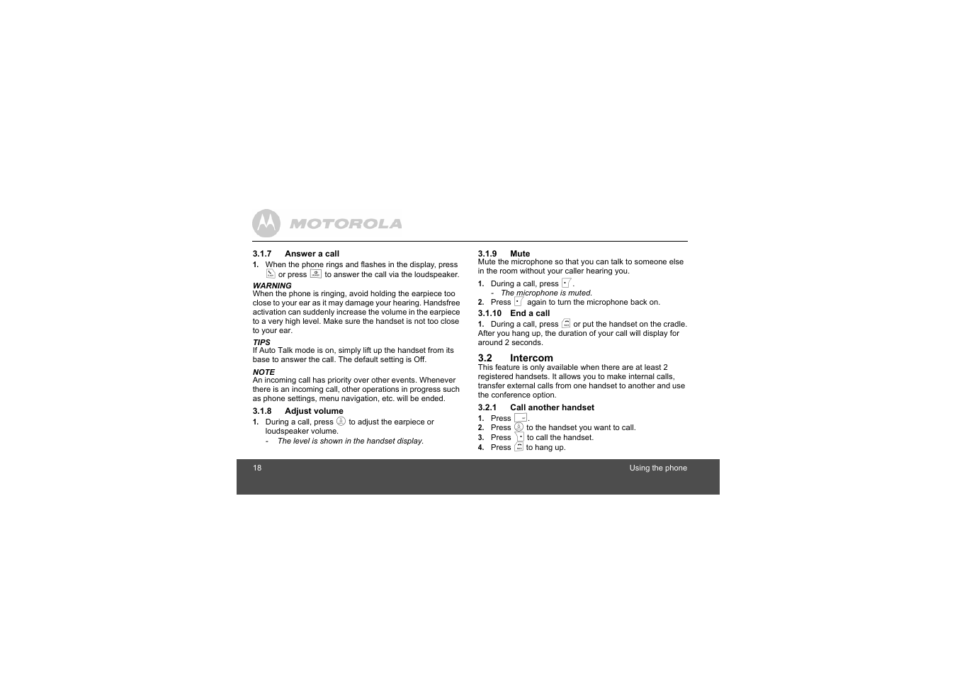 7 answer a call, 8 adjust volume, 9 mute | 10 end a call, 2 intercom, 1 call another handset | Motorola S803 User Manual | Page 18 / 52