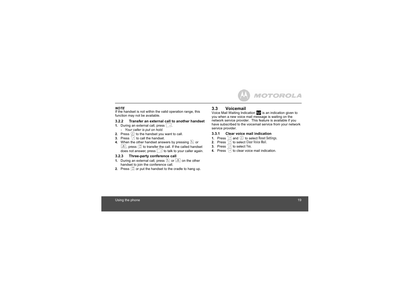 2 transfer an external call to another handset, 3 three-party conference call, 3 voicemail | 1 clear voice mail indication, 2 transfer an external call to another, Handset | Motorola S803 User Manual | Page 19 / 52