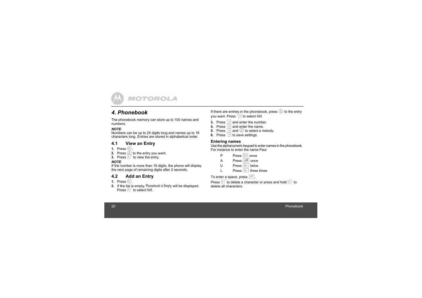 Phonebook, 1 view an entry, 2 add an entry | Motorola S803 User Manual | Page 20 / 52