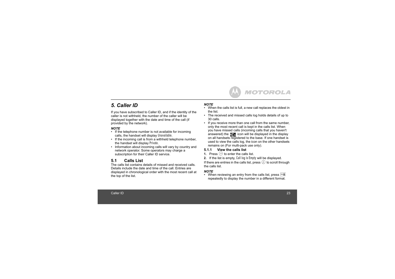 Caller id, 1 calls list, 1 view the calls list | Motorola S803 User Manual | Page 23 / 52