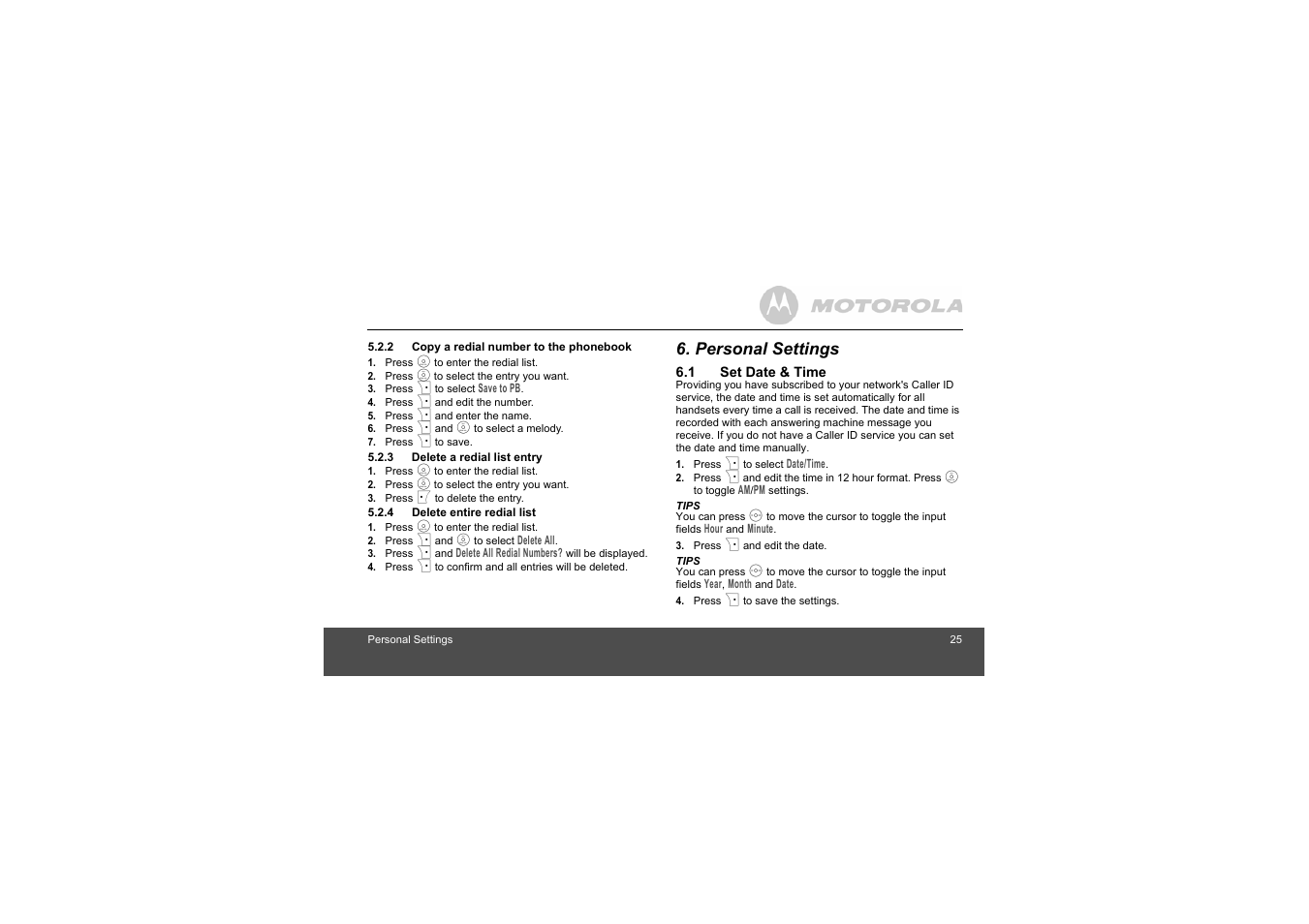 2 copy a redial number to the phonebook, 3 delete a redial list entry, 4 delete entire redial list | Personal settings, 1 set date & time, Delete entire redial list | Motorola S803 User Manual | Page 25 / 52