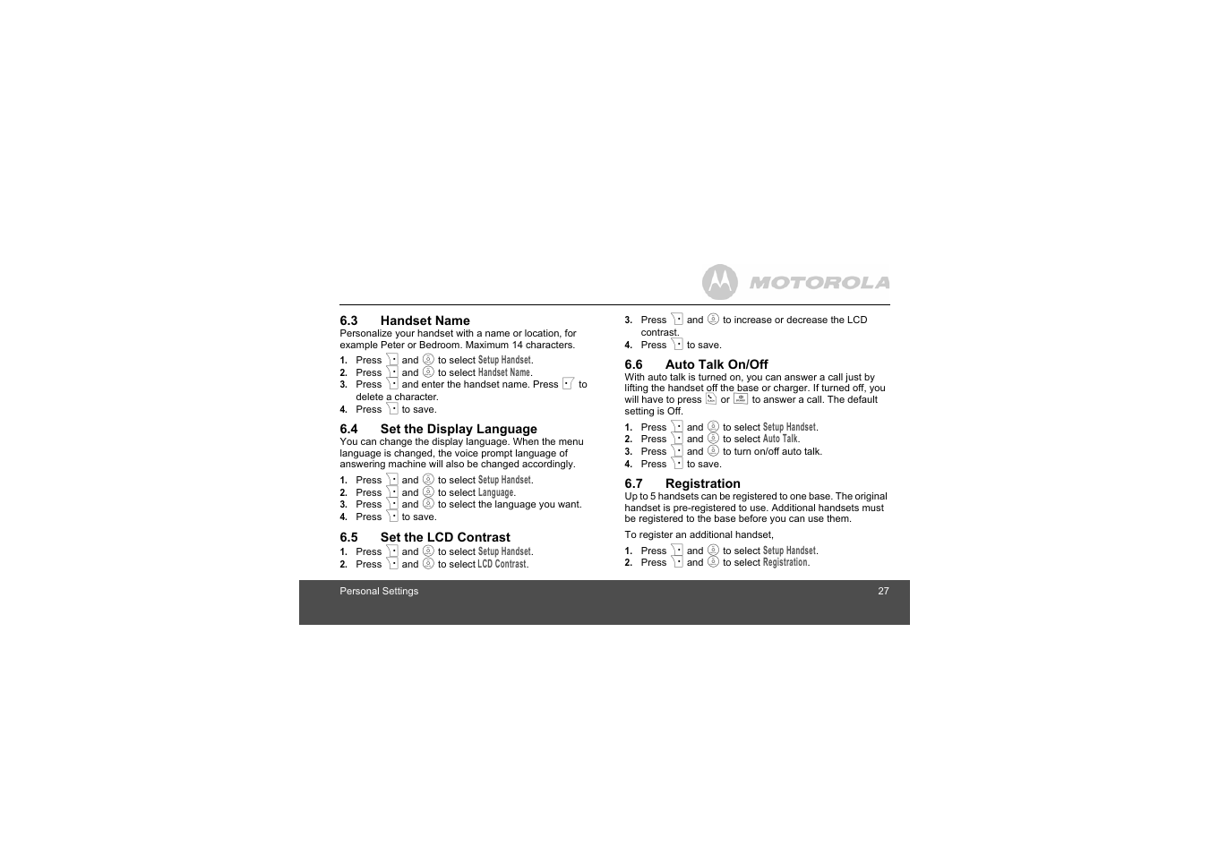 3 handset name, 4 set the display language, 5 set the lcd contrast | 6 auto talk on/off, 7 registration | Motorola S803 User Manual | Page 27 / 52