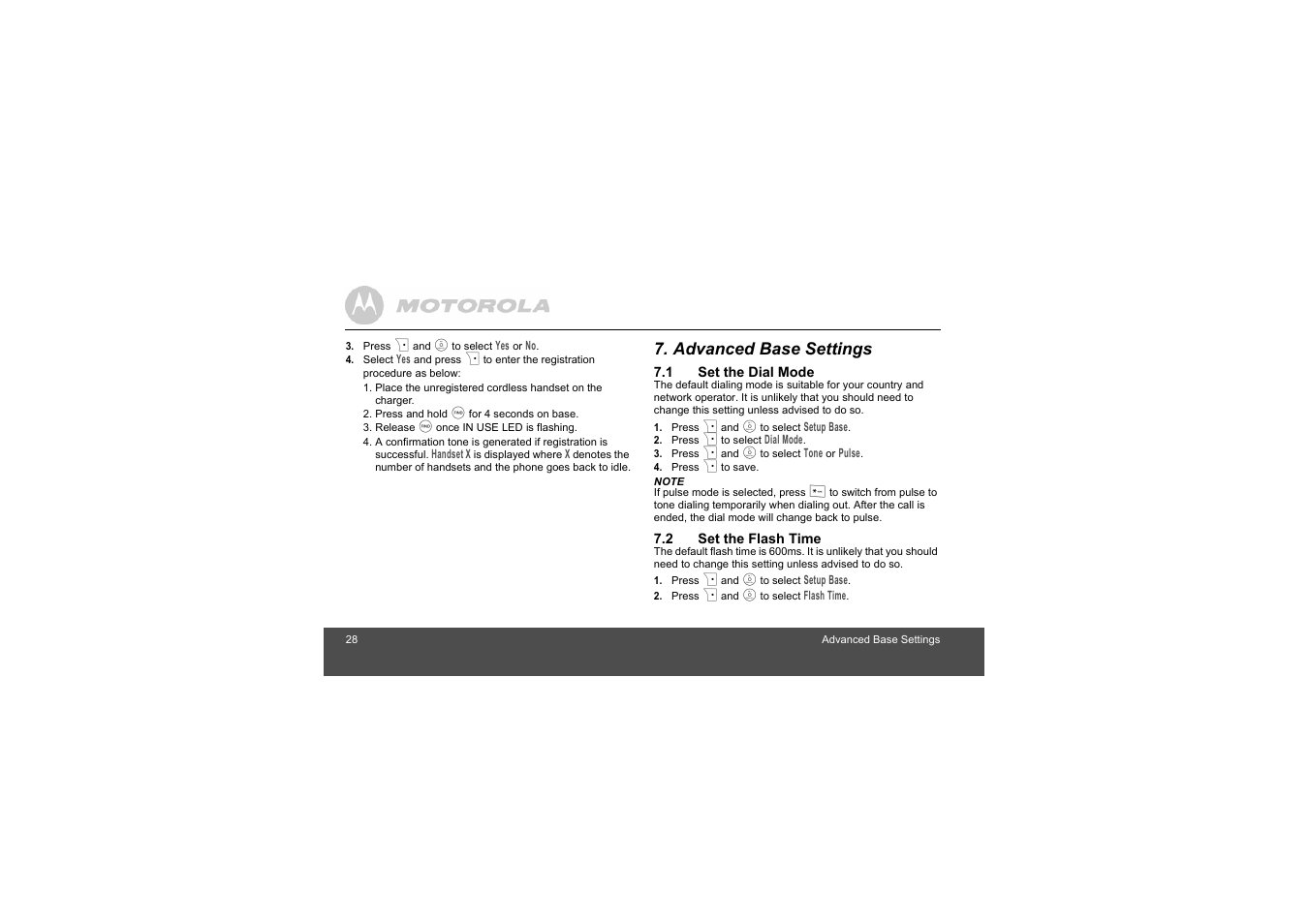 Advanced base settings, 1 set the dial mode, 2 set the flash time | Motorola S803 User Manual | Page 28 / 52