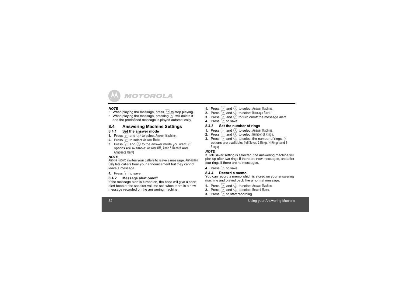 4 answering machine settings, 1 set the answer mode, 2 message alert on/off | 3 set the number of rings, 4 record a memo | Motorola S803 User Manual | Page 32 / 52