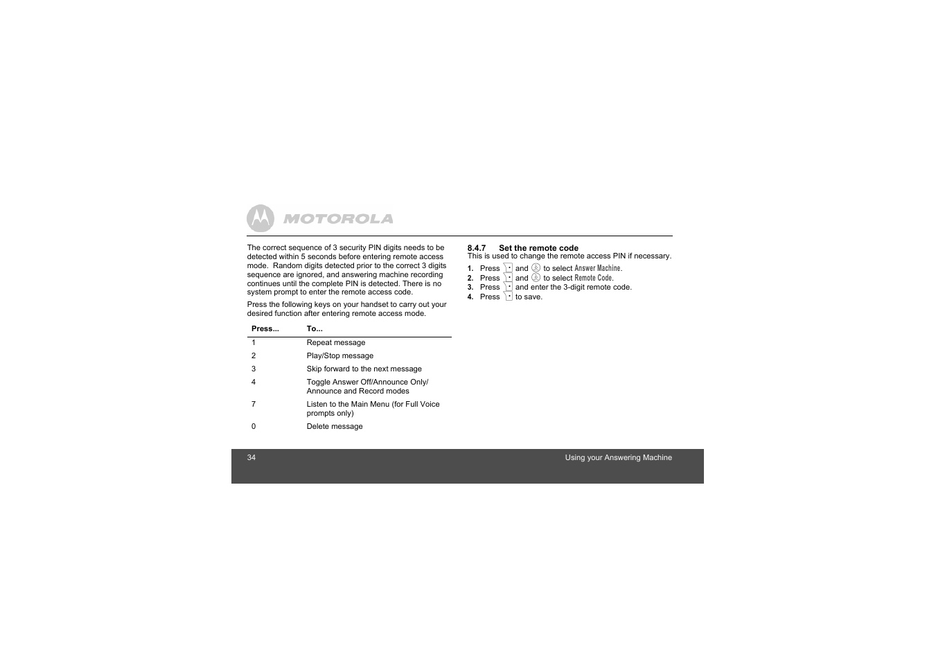 7 set the remote code | Motorola S803 User Manual | Page 34 / 52