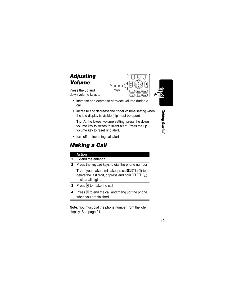 Adjusting volume, Making a call, Adjusting volume making a call | Motorola T731 User Manual | Page 21 / 104