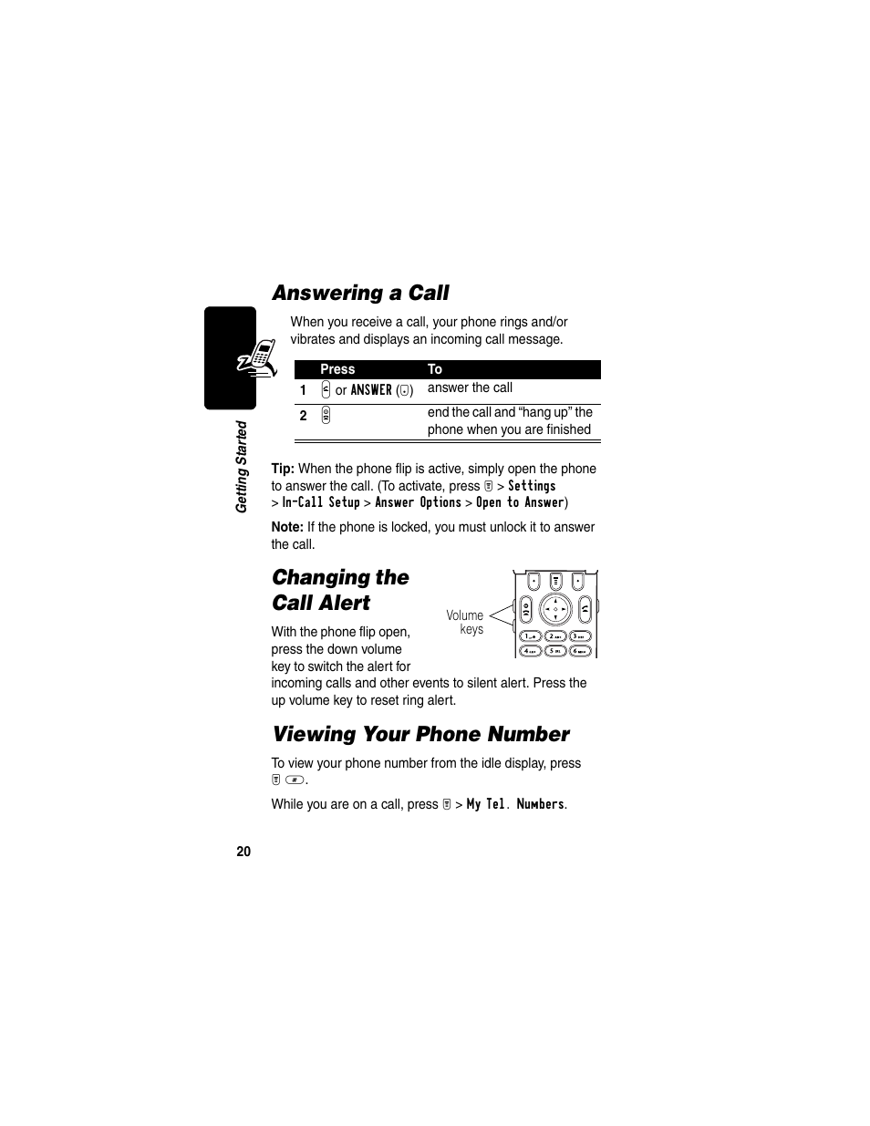 Answering a call, Changing the call alert, Viewing your phone number | Motorola T731 User Manual | Page 22 / 104