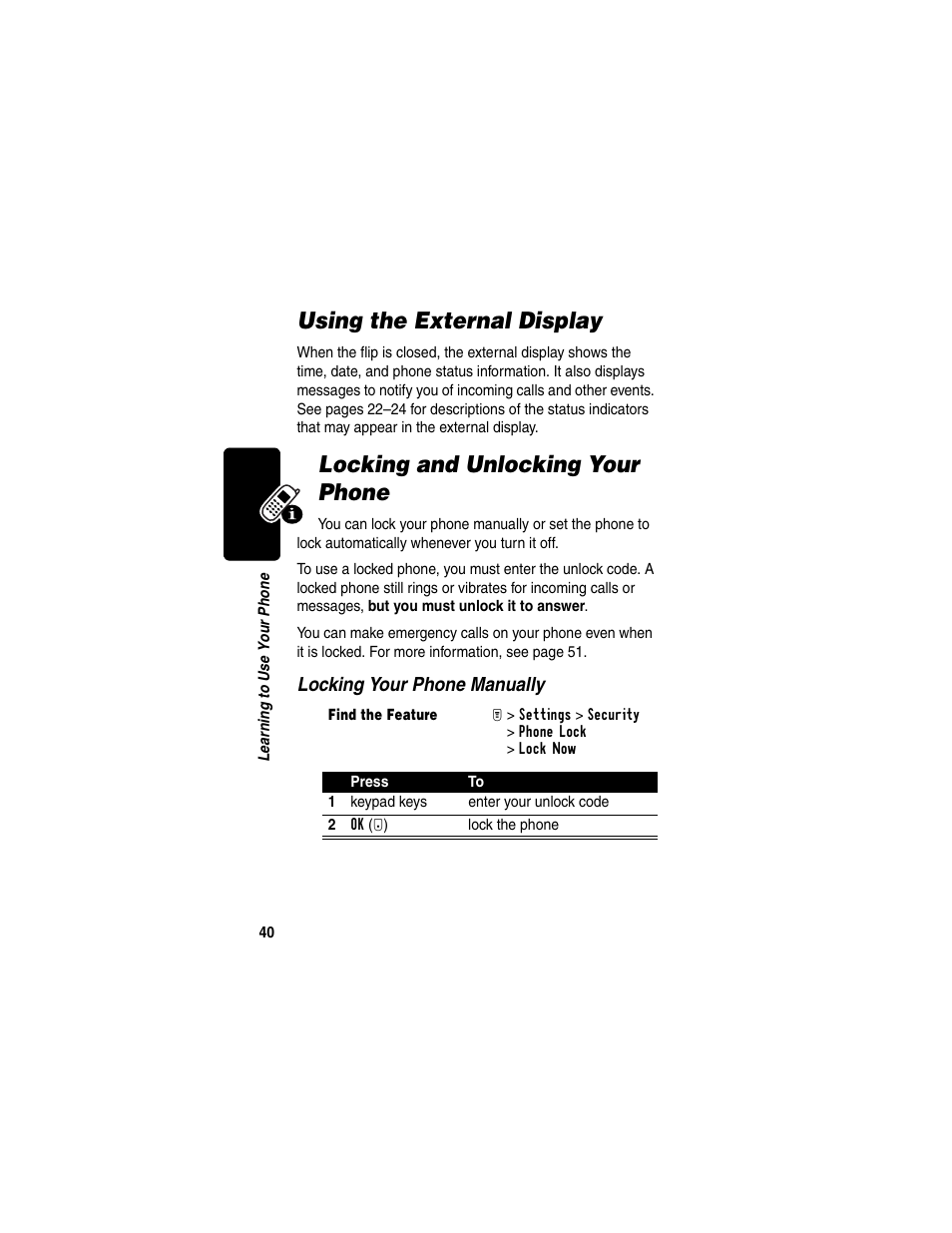 Using the external display, Locking and unlocking your phone | Motorola T731 User Manual | Page 42 / 104
