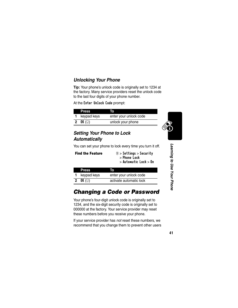 Changing a code or password | Motorola T731 User Manual | Page 43 / 104