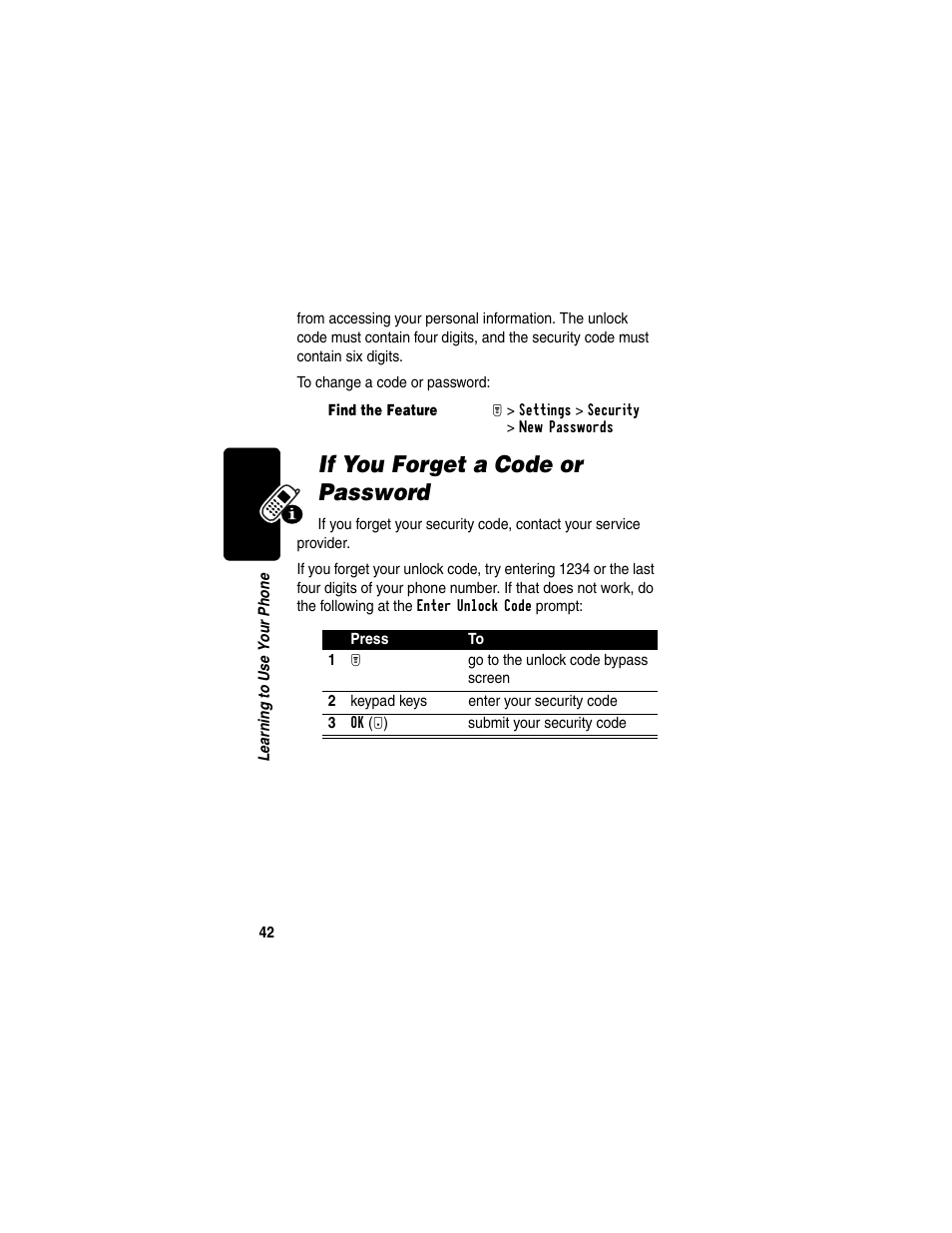 If you forget a code or password | Motorola T731 User Manual | Page 44 / 104