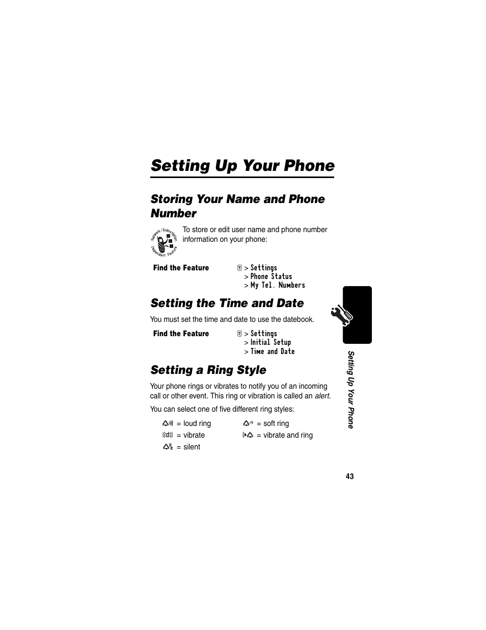 Setting up your phone, Storing your name and phone number, Setting the time and date | Setting a ring style, Arranty | Motorola T731 User Manual | Page 45 / 104