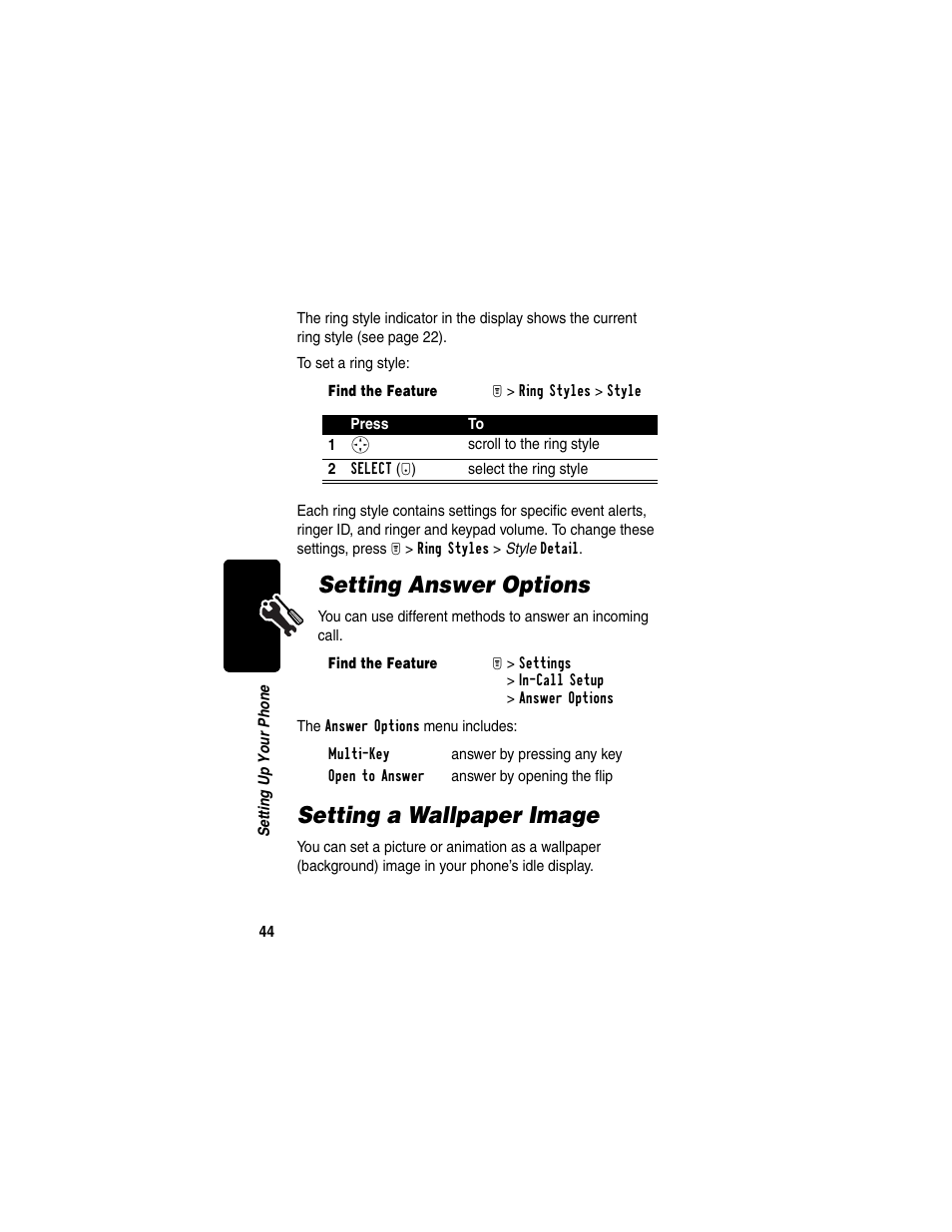 Setting answer options, Setting a wallpaper image, Setting answer options setting a wallpaper image | Motorola T731 User Manual | Page 46 / 104