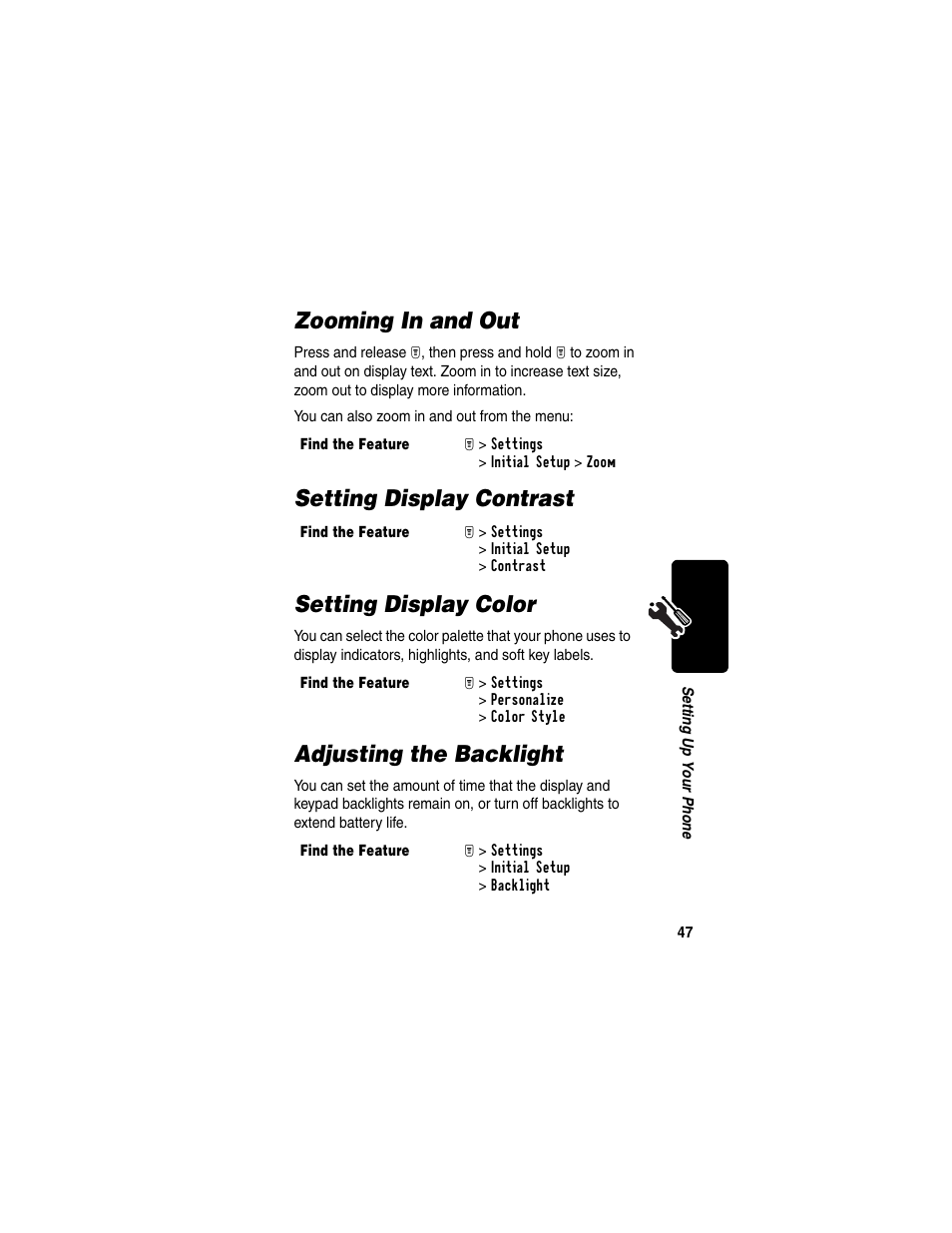 Zooming in and out, Setting display contrast, Setting display color | Adjusting the backlight, Setting display contrast setting display color | Motorola T731 User Manual | Page 49 / 104