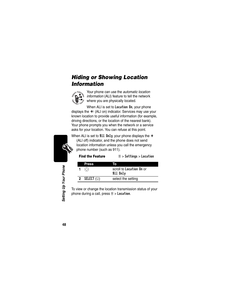 Hiding or showing location information | Motorola T731 User Manual | Page 50 / 104