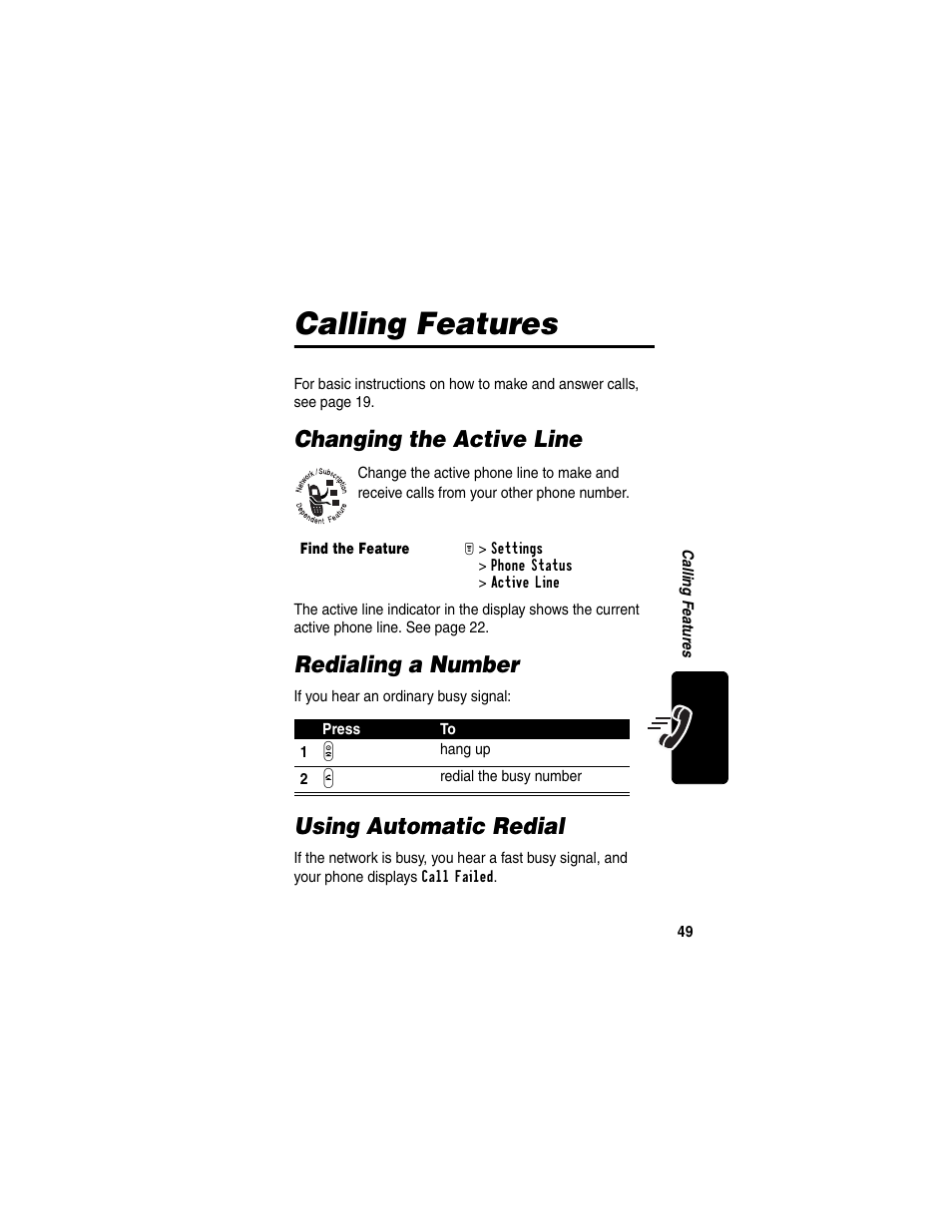 Calling features, Changing the active line, Redialing a number | Using automatic redial | Motorola T731 User Manual | Page 51 / 104