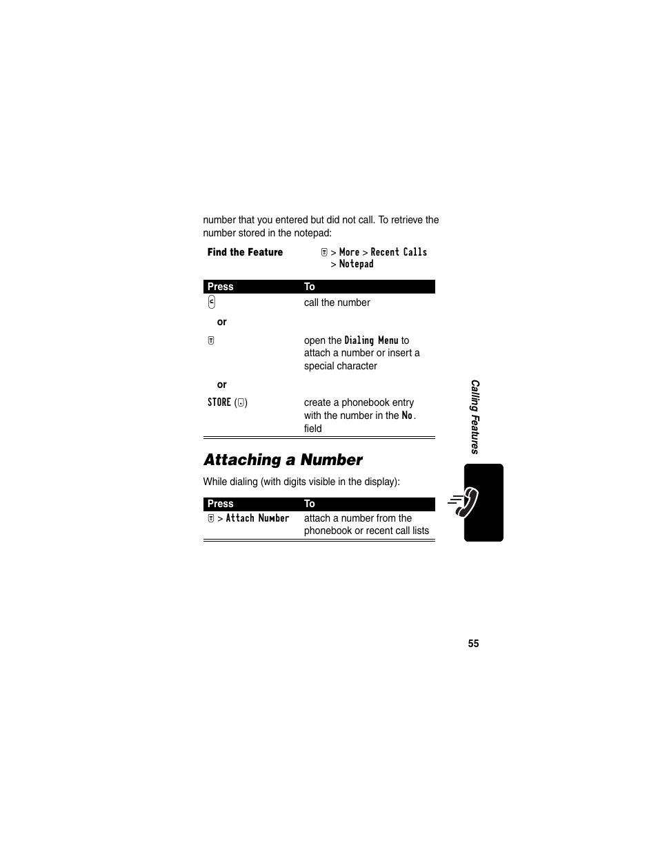 Attaching a number | Motorola T731 User Manual | Page 57 / 104