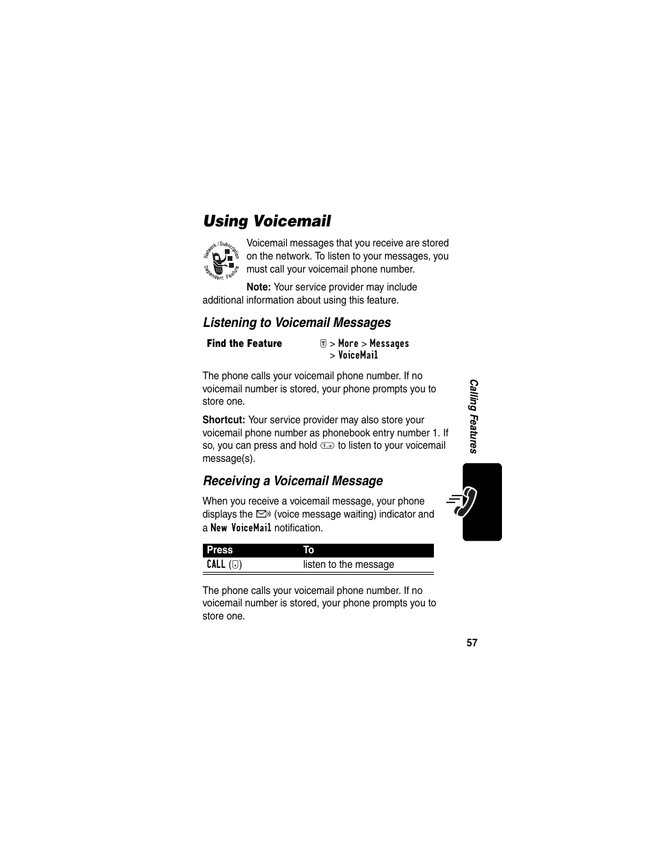 Using voicemail | Motorola T731 User Manual | Page 59 / 104