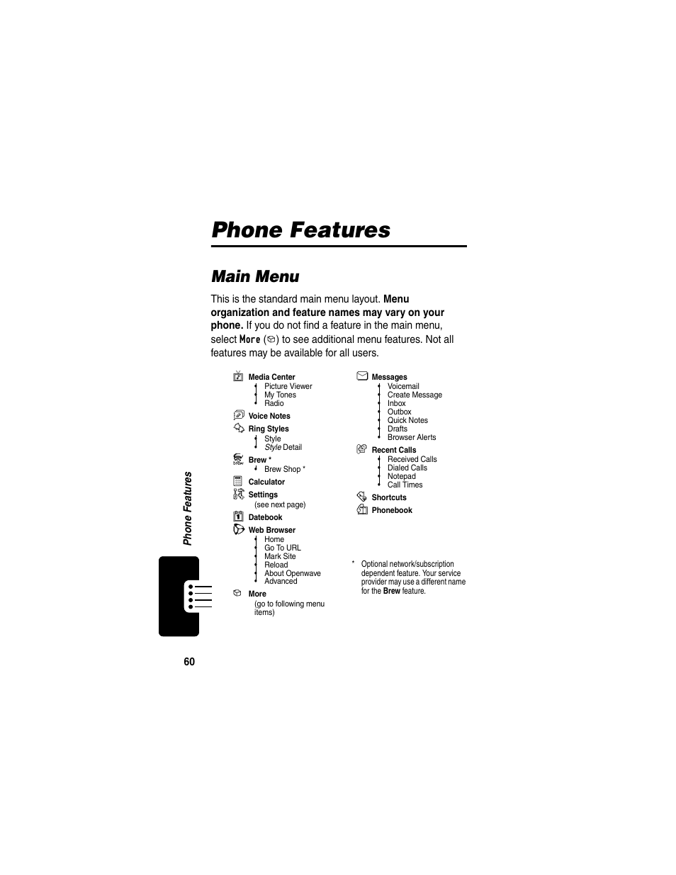 Phone features, Main menu | Motorola T731 User Manual | Page 62 / 104