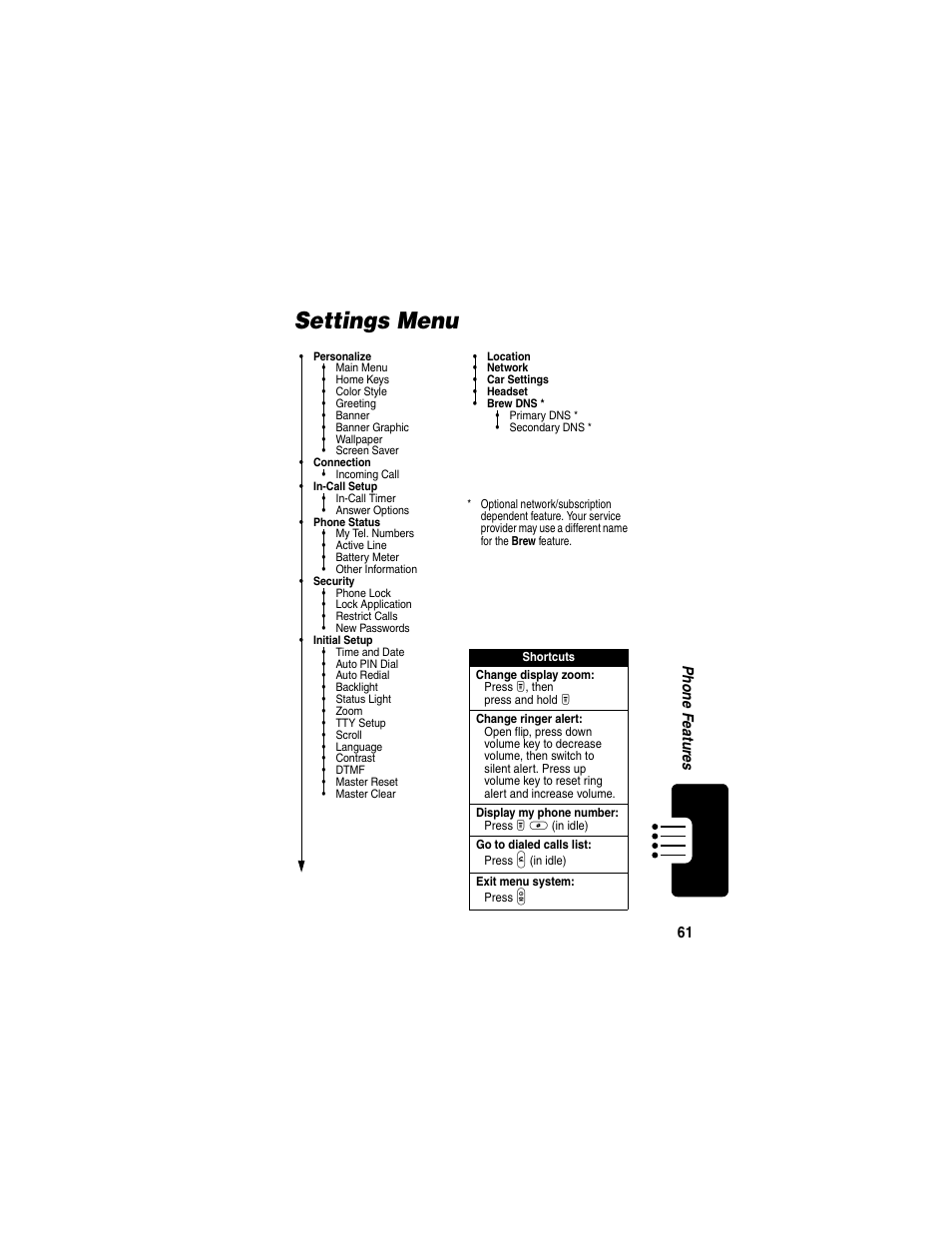 Settings menu | Motorola T731 User Manual | Page 63 / 104