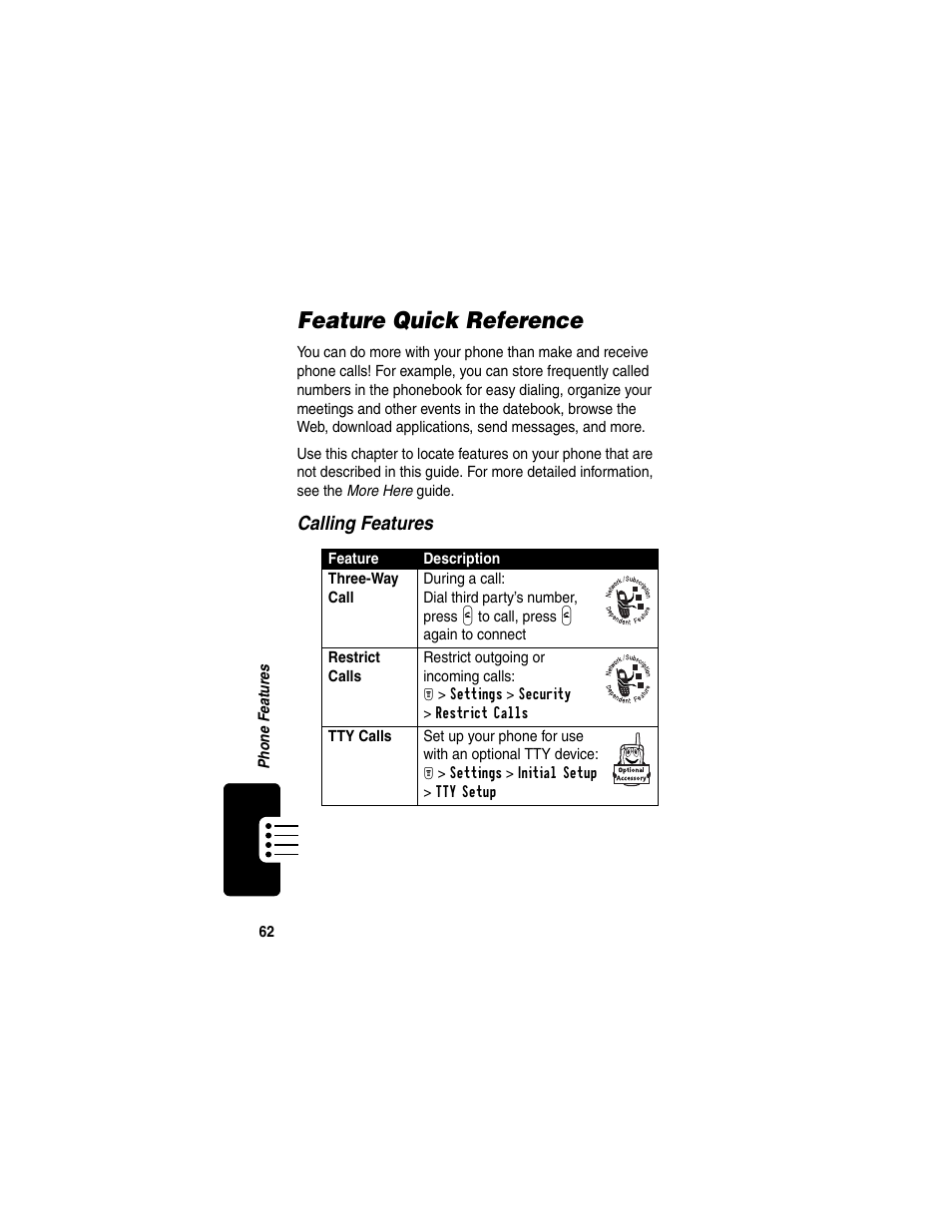 Feature quick reference | Motorola T731 User Manual | Page 64 / 104