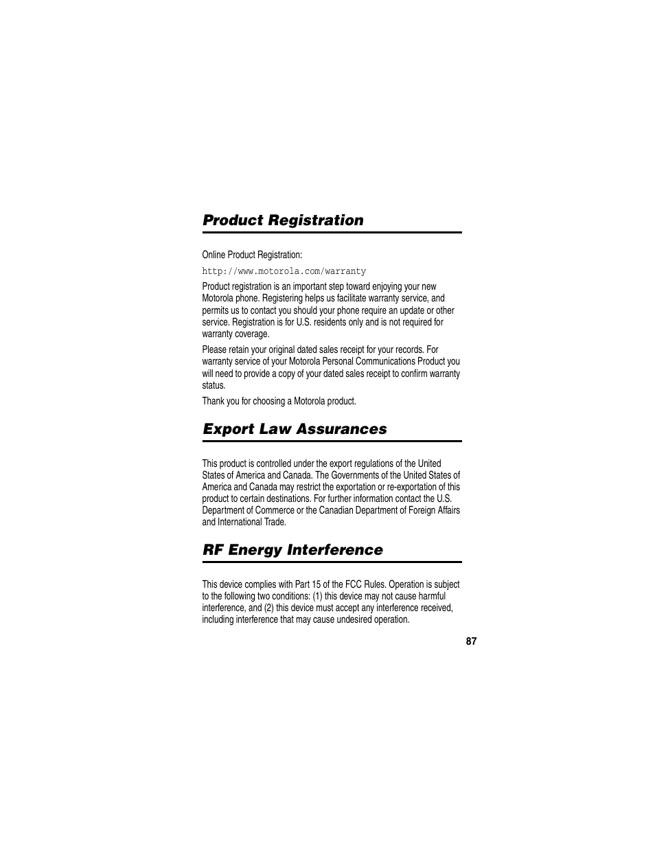 Product registration, Export law assurances, Rf energy interference | Motorola T731 User Manual | Page 89 / 104