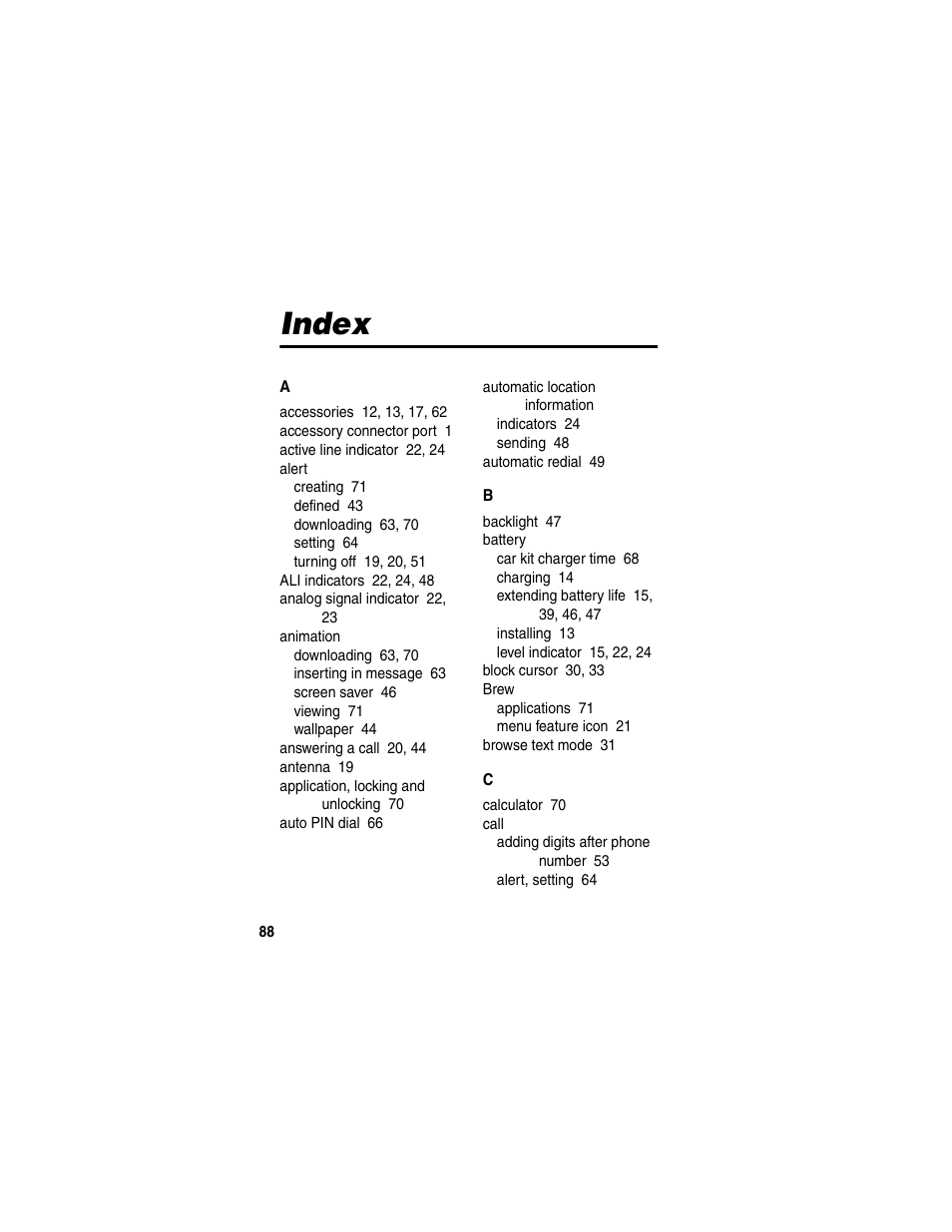 Index | Motorola T731 User Manual | Page 90 / 104