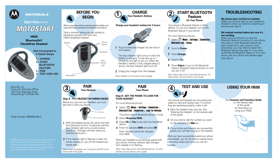 Motorola H500 User Manual | 2 pages