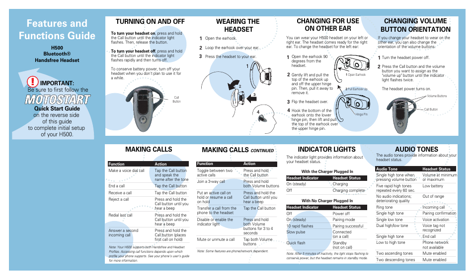 Features and functions guide, Turning on and off making calls, Indicator lights | Wearing the headset, Audio tones, Making calls, Changing for use on other ear, Changing volume button orientation | Motorola H500 User Manual | Page 2 / 2