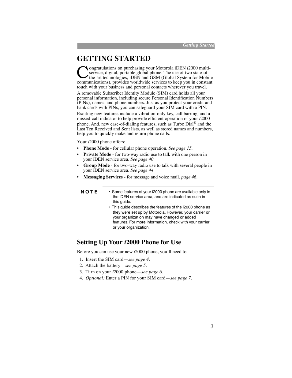 Getting started, Setting up your i2000 phone for use, Setting up your i 2000 phone for use | Motorola iDEN User Manual | Page 11 / 93