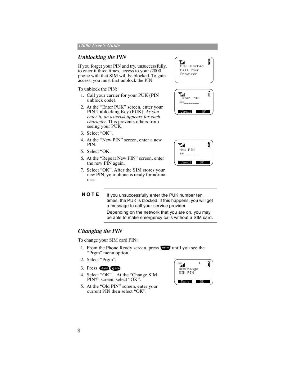 Unblocking the pin, Changing the pin | Motorola iDEN User Manual | Page 16 / 93