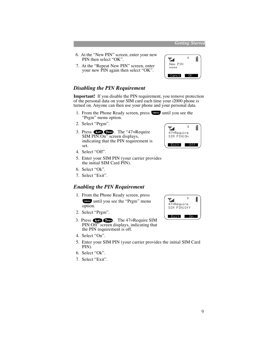 Disabling the pin requirement, Enabling the pin requirement | Motorola iDEN User Manual | Page 17 / 93