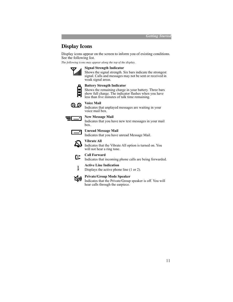 Display icons | Motorola iDEN User Manual | Page 19 / 93
