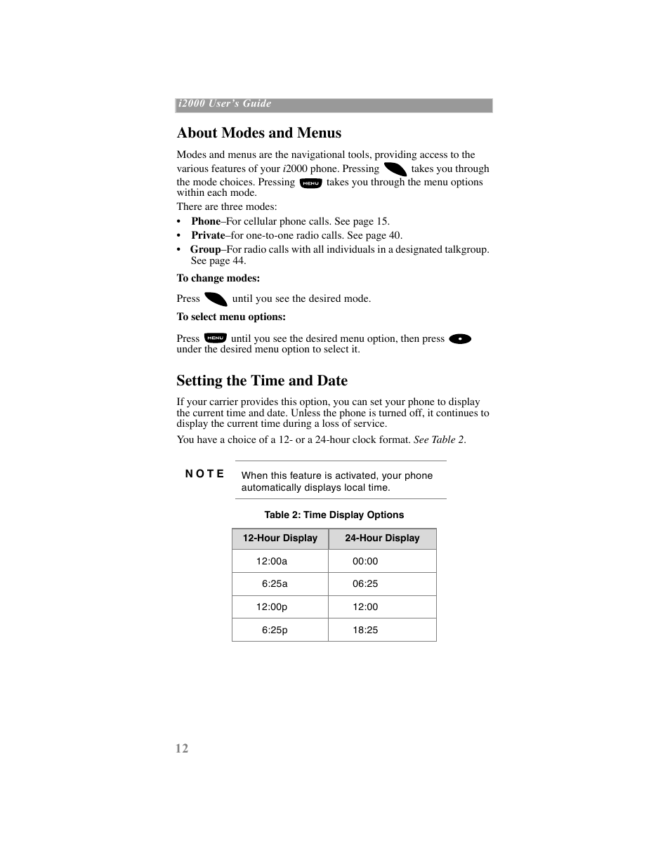 About modes and menus, Setting the time and date | Motorola iDEN User Manual | Page 20 / 93