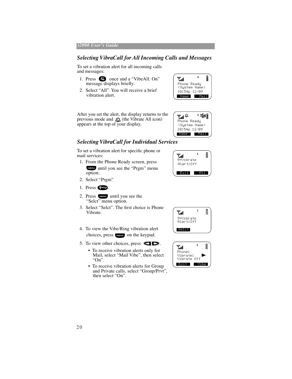 Selecting vibracall for individual services | Motorola iDEN User Manual | Page 28 / 93