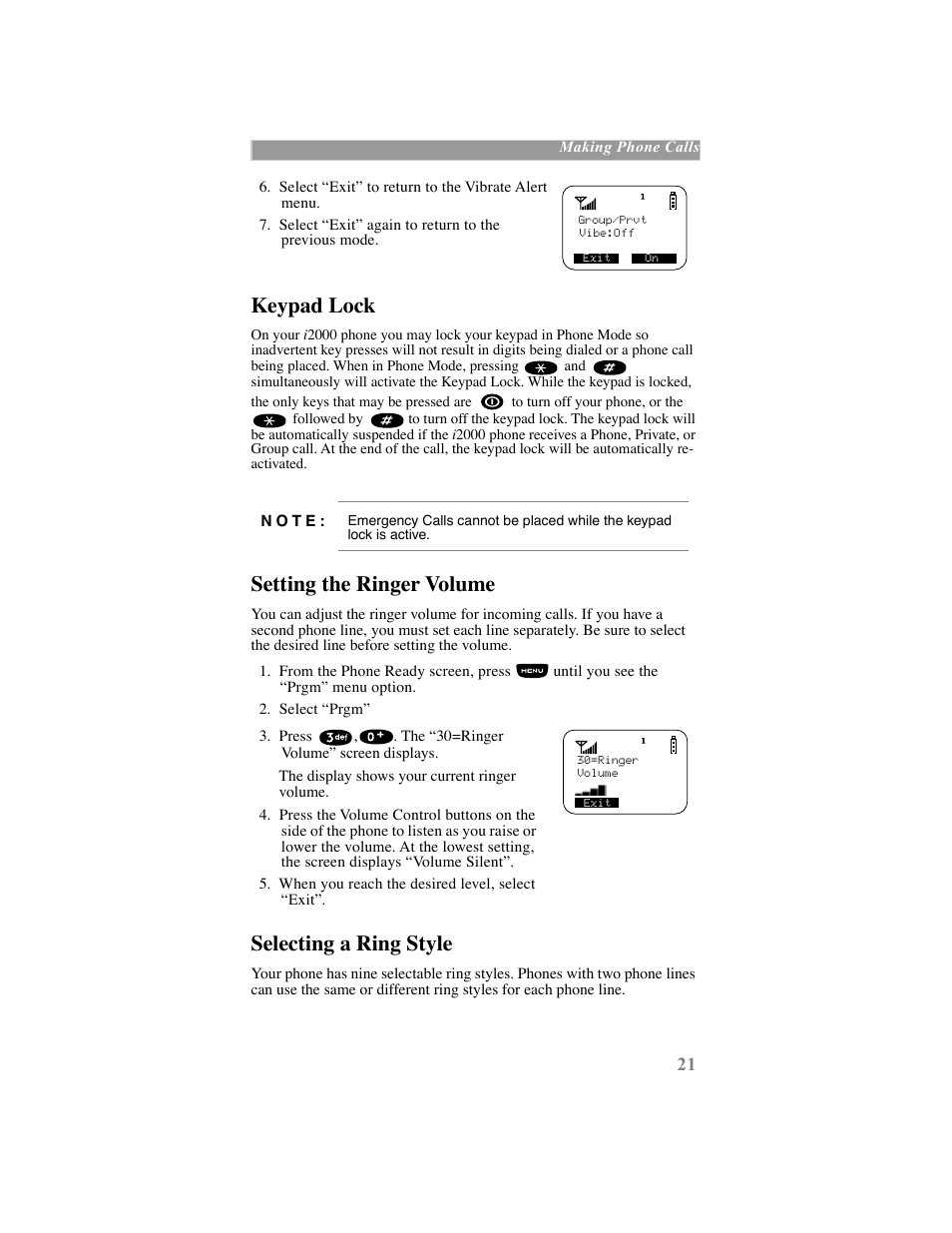 Keypad lock, Setting the ringer volume, Selecting a ring style | Motorola iDEN User Manual | Page 29 / 93