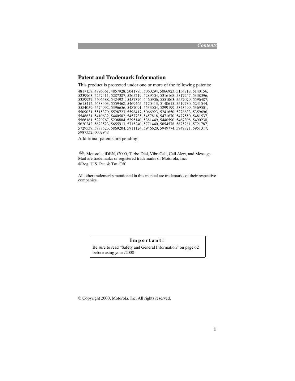 Patent and trademark information | Motorola iDEN User Manual | Page 3 / 93