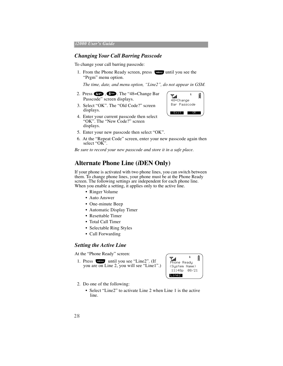 Alternate phone line (iden only), Alternate phone line ( i den only) | Motorola iDEN User Manual | Page 36 / 93