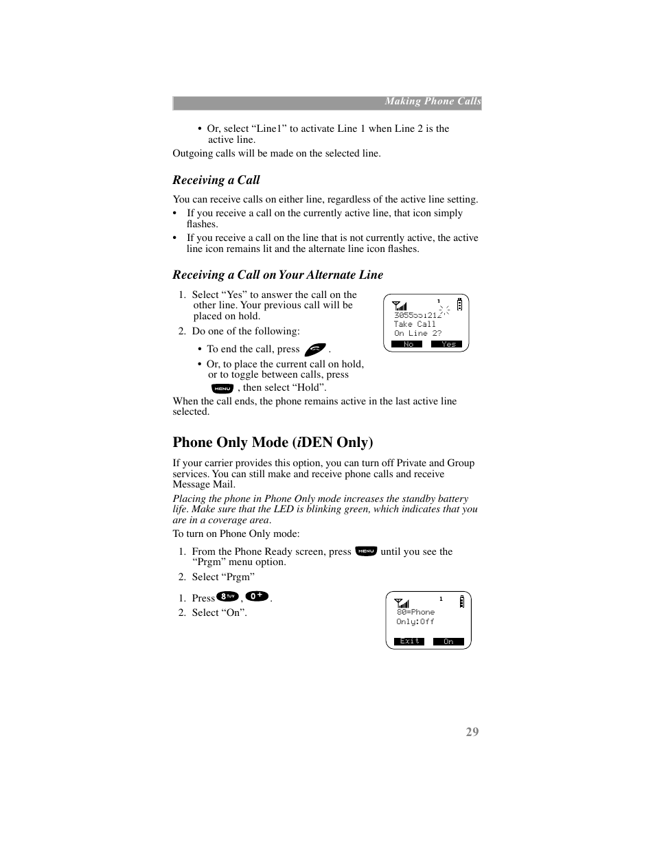Phone only mode (iden only), Phone only mode ( i den only) | Motorola iDEN User Manual | Page 37 / 93