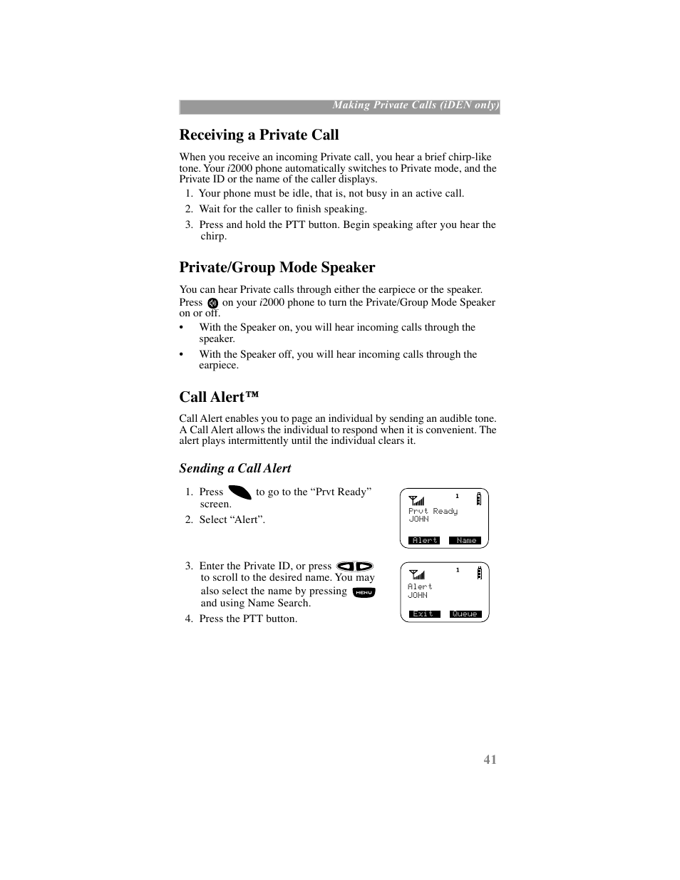 Receiving a private call, Private/group mode speaker, Call alertª | Sending a call alert | Motorola iDEN User Manual | Page 49 / 93