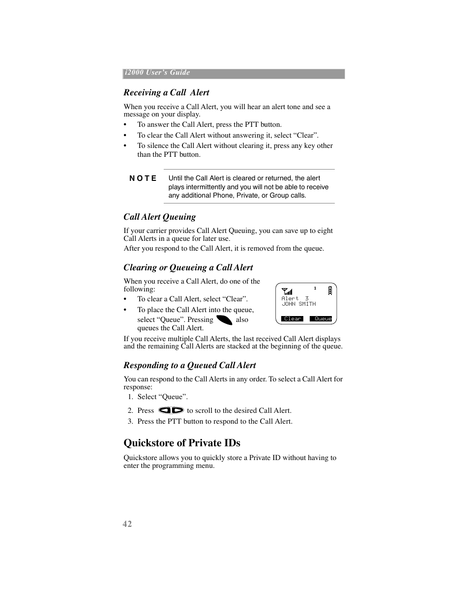 Quickstore of private ids, Receiving a call alert, Call alert queuing | Clearing or queueing a call alert, Responding to a queued call alert | Motorola iDEN User Manual | Page 50 / 93