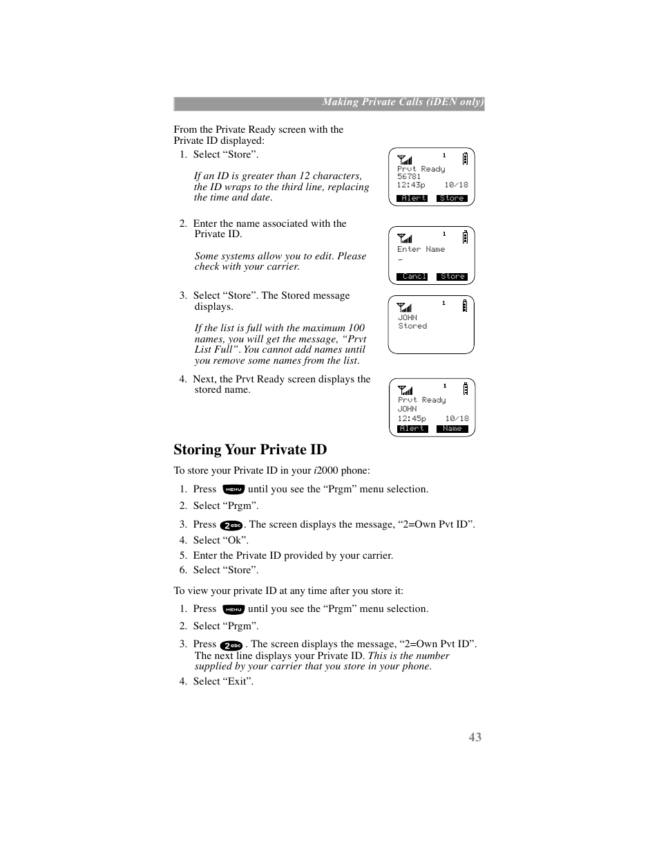 Storing your private id | Motorola iDEN User Manual | Page 51 / 93