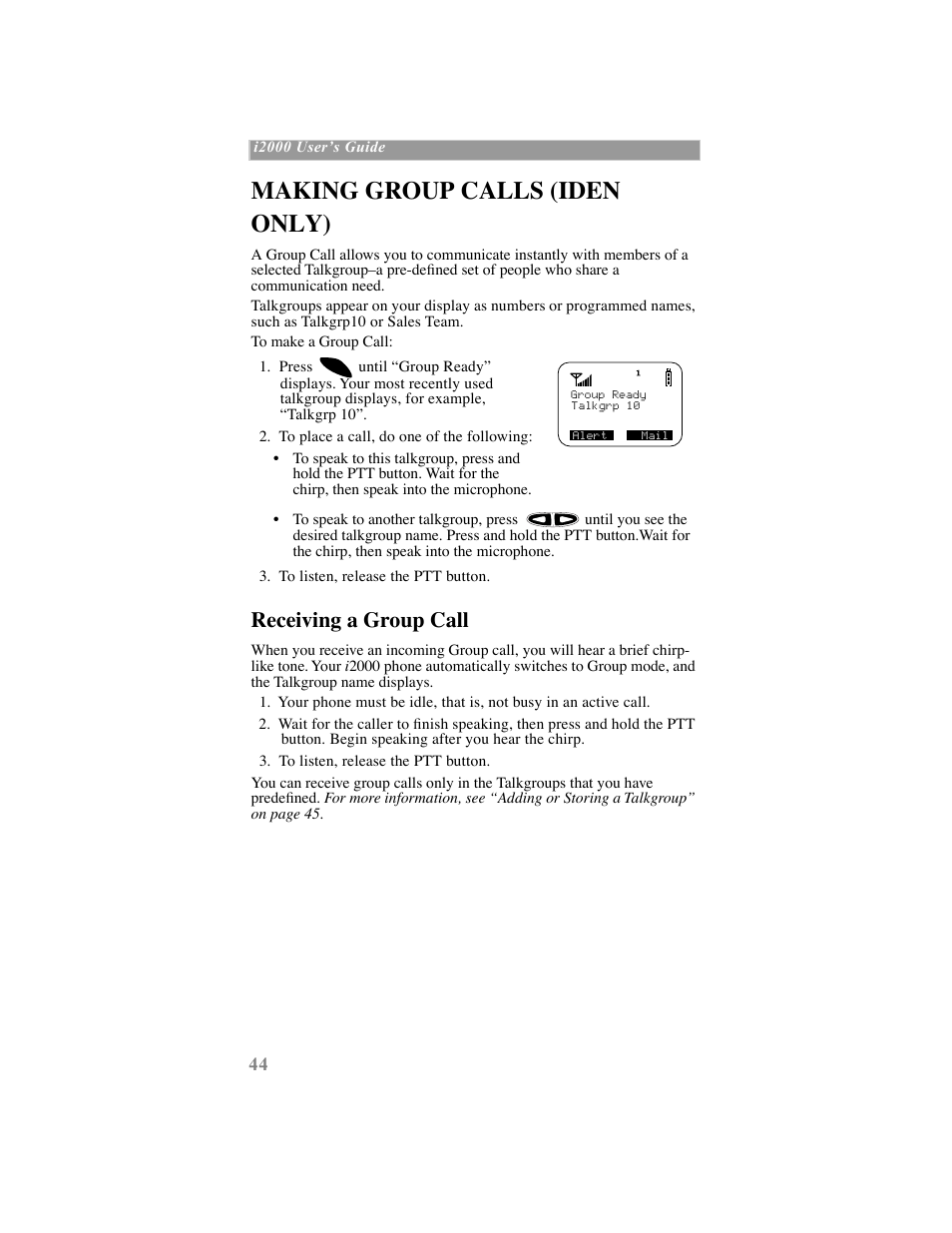 Making group calls (iden only), Receiving a group call | Motorola iDEN User Manual | Page 52 / 93