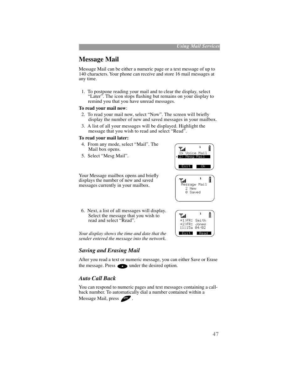 Message mail, Saving and erasing mail, Auto call back | Motorola iDEN User Manual | Page 55 / 93